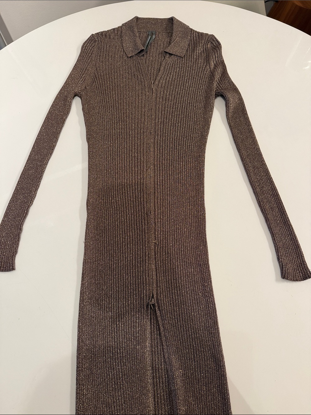 Anthropologie Metallic Bronze Ribbed Collared Midi Dress